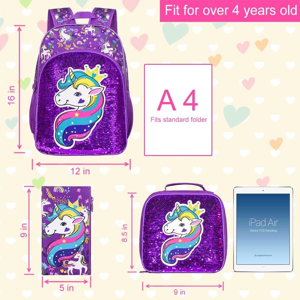 3PCS Kids Backpacks for Girls, 16" Little Kid Preschool School Bookbag and Lunch Box - Unicorn/Mermaid/Flamingo