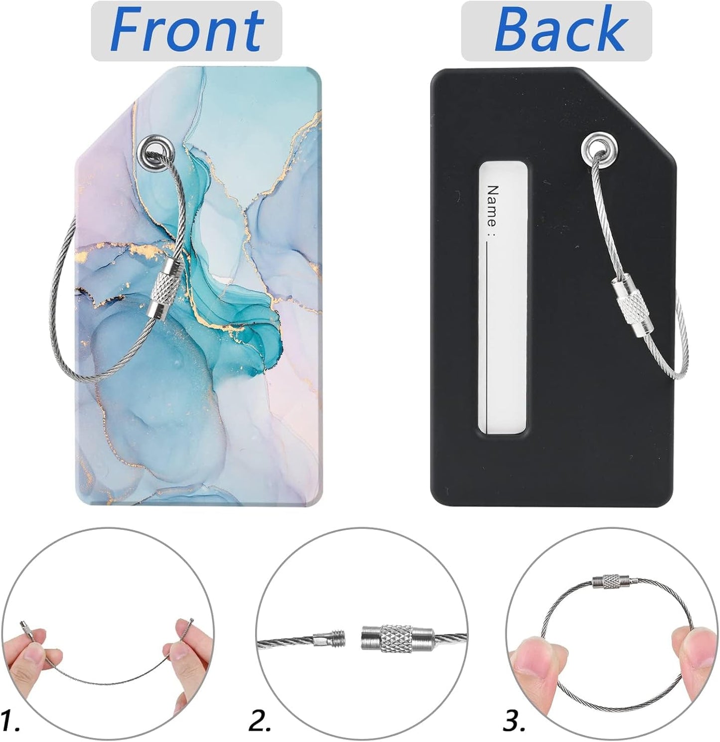2 Luggage Tags, (1" Smaller Than Traditional) Perfect for Quick Luggage Identification with Stainless Steel Ring and Address Card for Travel and Luggage (Blue Marble)