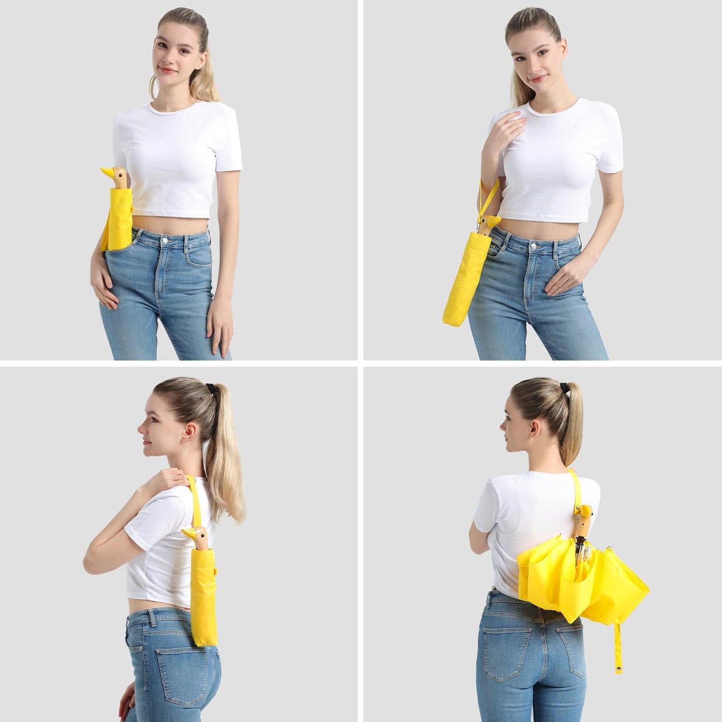 Cute Duck Umbrella Automatic - Compact Pretty Pocket Size Strong Duck Collapsible Umbrella Yellow Wooden Handle for Women