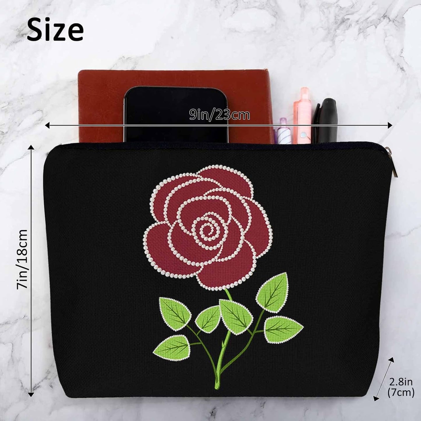 Women Cosmetic Bag Rose Pearl, Elegant Rose Beads Red Cute Makeup Bag For Purse Cosmetic Travel Bag For Toiletries Makeup Storage Bag Flax Skincare Bag Make Up Pouch Bags