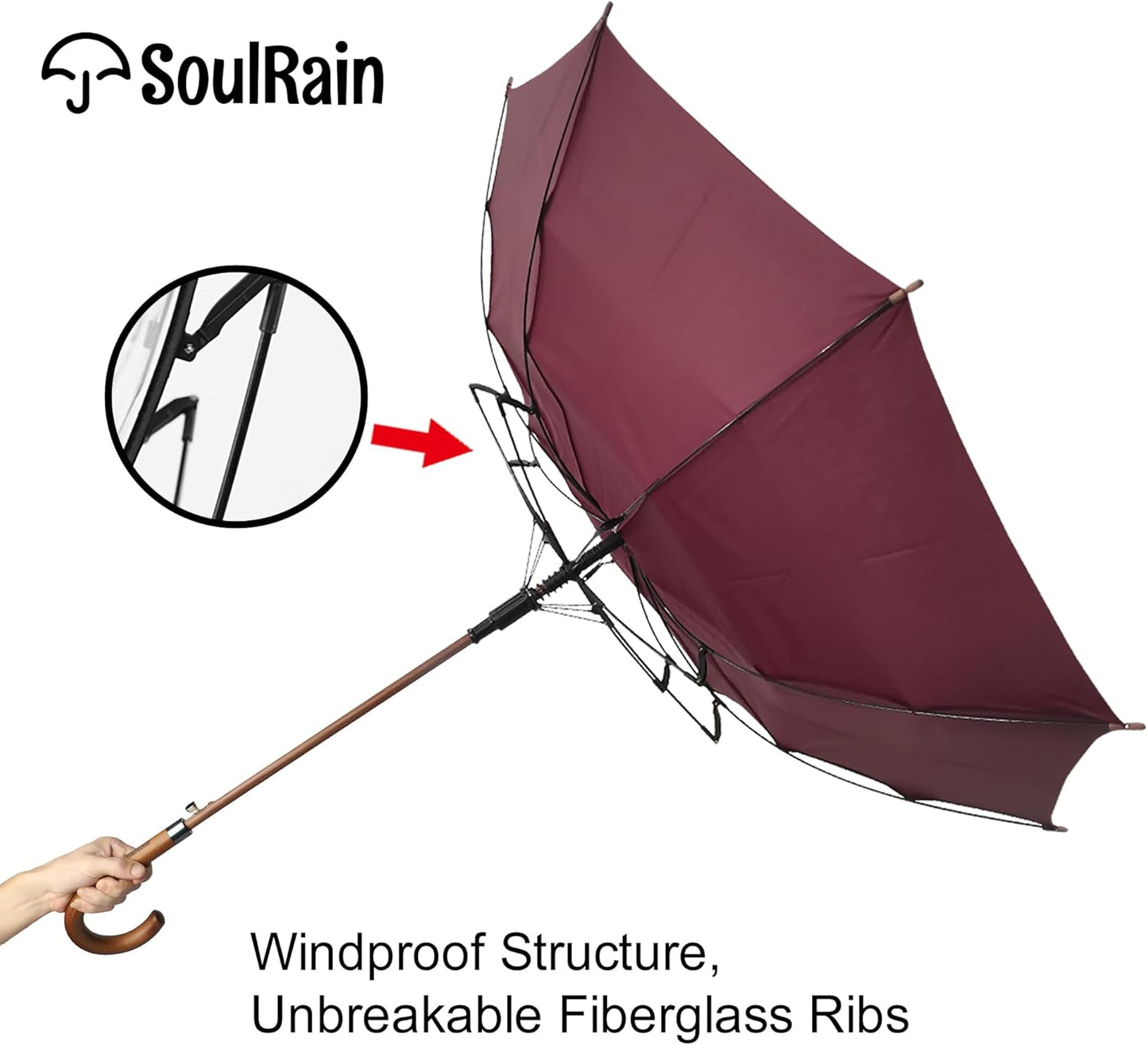 SoulRain 48" Large Umbrella – Windproof Stick Umbrella for Rain, Automatic Open for 2 Persons, Classic Wooden Handle, Durable Travel & Red Umbrella for Men & Women (Wine)