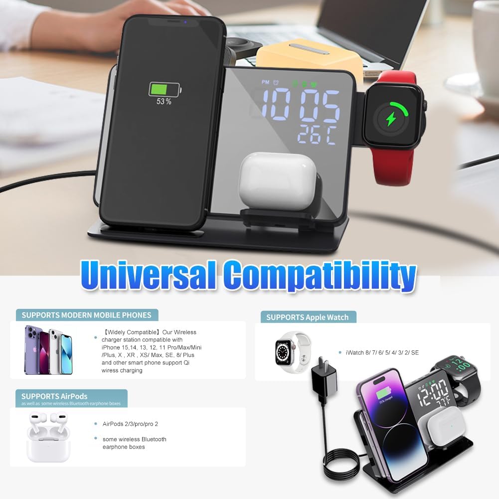 4-in-1 Wireless Charging Station for Apple Devices, 18W Fast Charge Wireless Charger Alarm Clock and Temperature Display, Wireless Charger Stand for iPhone 16 15 14 13 12, Apple Watch