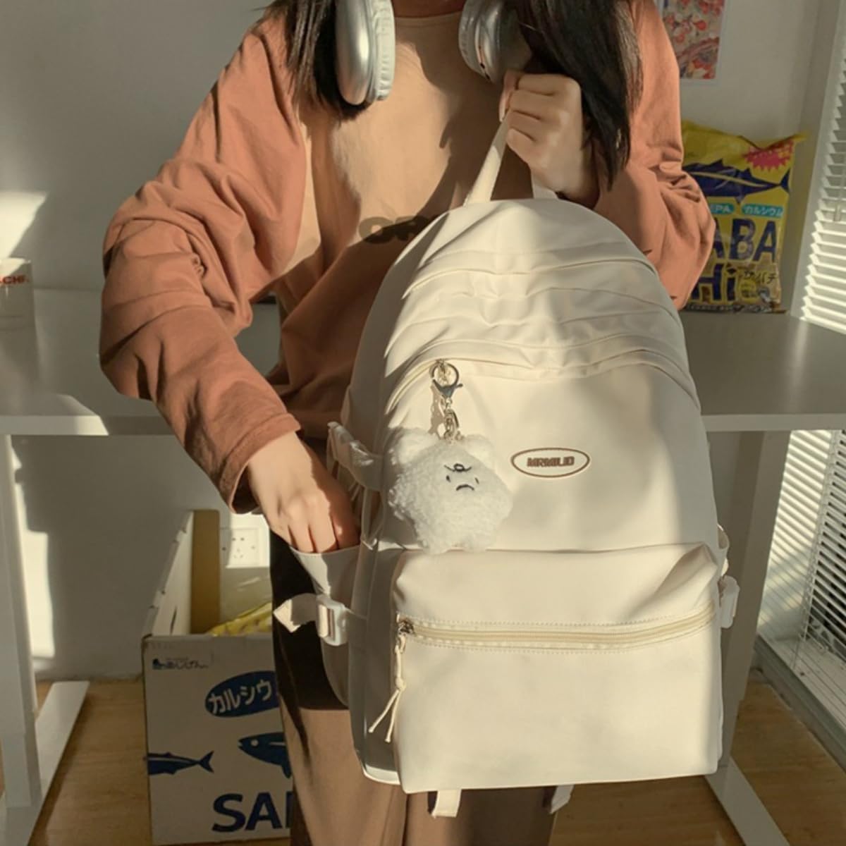 Kawaii Backpack with Cute Accessories Casual Aesthetic Daypack Simple Laptop Bag Waterproof Travel