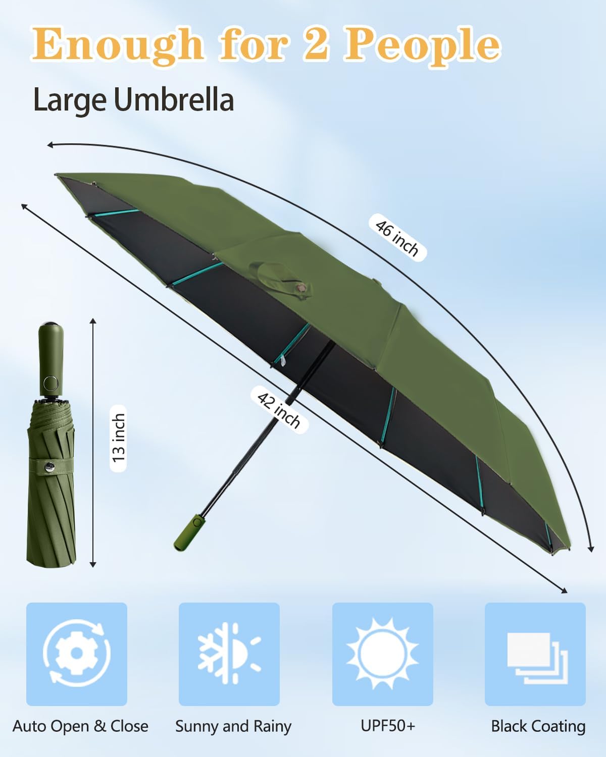 Large Double-Ribs Umbrella Automatic Folding Umbrella for Women Men, Travel, UPF 50+ UV Protection,46-Inch, 12 Ribs, Light Green