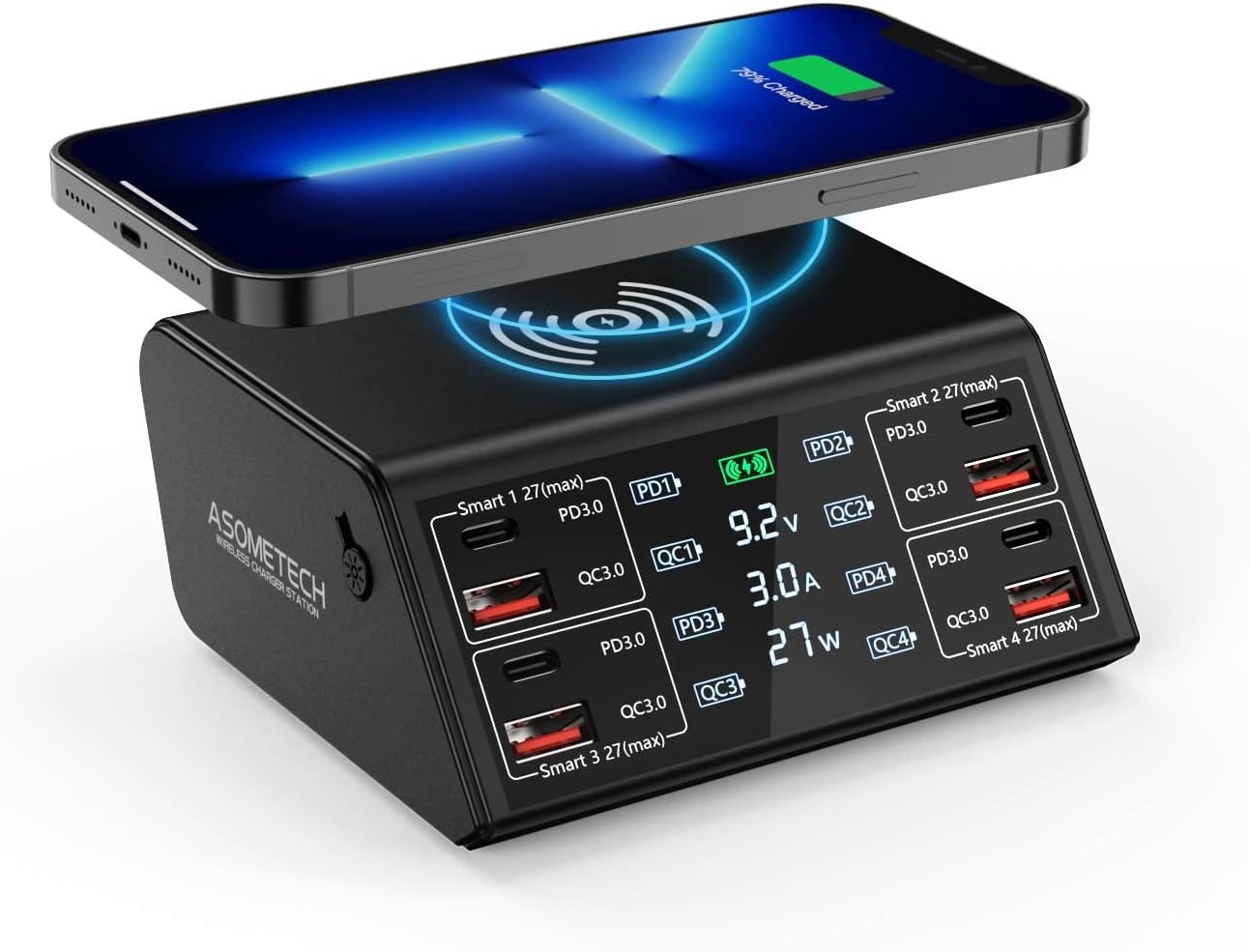 USB Charger, ASOMETECH 100W 8 Port Multiple USB Charging Station with 4 Quick Charge 3.0, 4 USB C PD Port, Wireless Charger, LCD Display Fast Charging Hub for iPhone 13 12 iPad Samsung and More