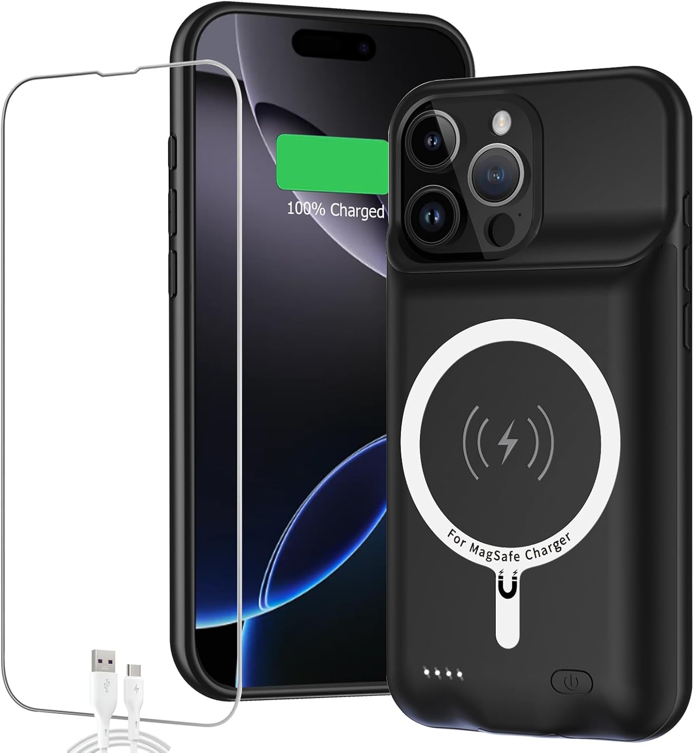 Battery Case for iPhone 16 Pro, Full Encircle 10000mAh High Capacity Rechargeable Portable Charger Case Extended Battery Pack for iPhone 16 Pro (6.3 inch) Wireless Charging Cover with Carplay-Black