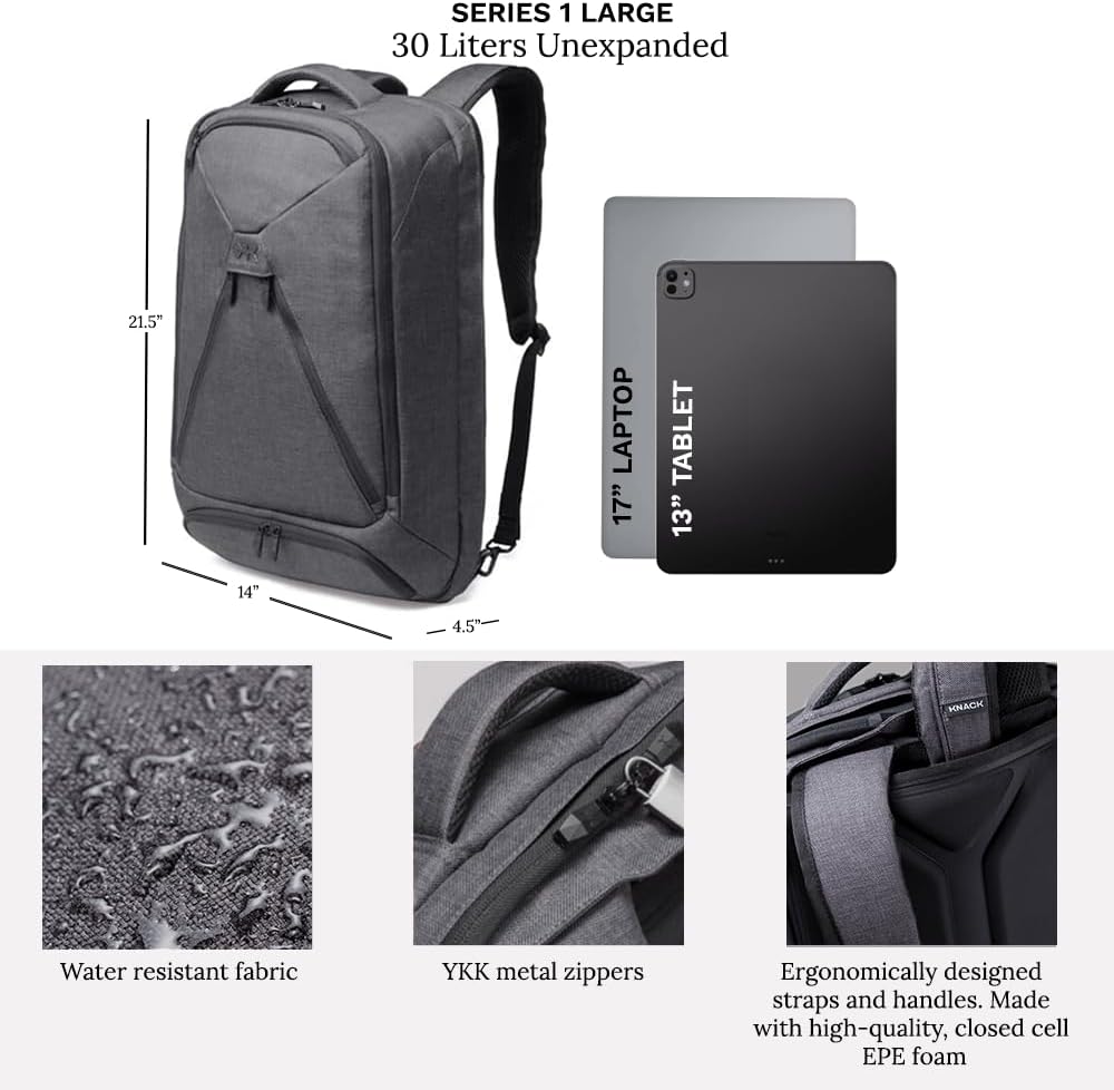Knack Series 1 Laptop Backpack Fits up to 17 Inch - Knack Bags Carry-On Backpack, TSA Approved, Expandable Travel Backpacks With 4 Day Outfit Capacity (Savile Gray, Large)