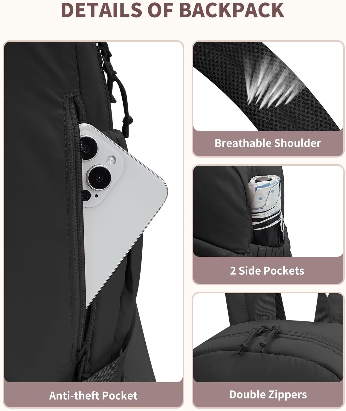 Ceneda Gym Backpack for Women, Lightweight Puffer Backpack with Shoe Compartment, Wet Pocket & Tumbler Strap, Cute Daypack for Fitness, Daily Use & Travel (Black)