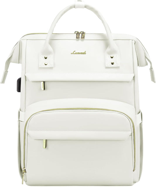 LOVEVOOK Leather Laptop Backpack for Women 15.6 inch,Travel Backpack Purse Nurse Teacher Backpacks Computer Laptop Bag,Professional College Business Work Carry On Backpack with USB Port,Beige White