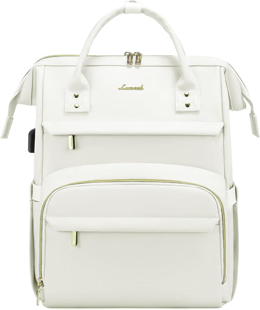 LOVEVOOK Leather Laptop Backpack for Women 17 inch,Travel Backpacks Purse Nurse Teacher Backpack Computer Laptop Bag,Professional College Business Work Bags Carry On Backpack with USB Port,Beige White