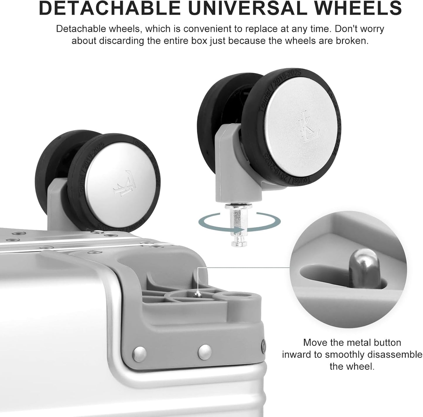 All Aluminum Magnesium Carry On Luggage with Removable Wheels Provide Spare Wheels. Lightweight Metal Hard Shell Zipperless Suitcase Travel Essential Accessories 22x14x9.