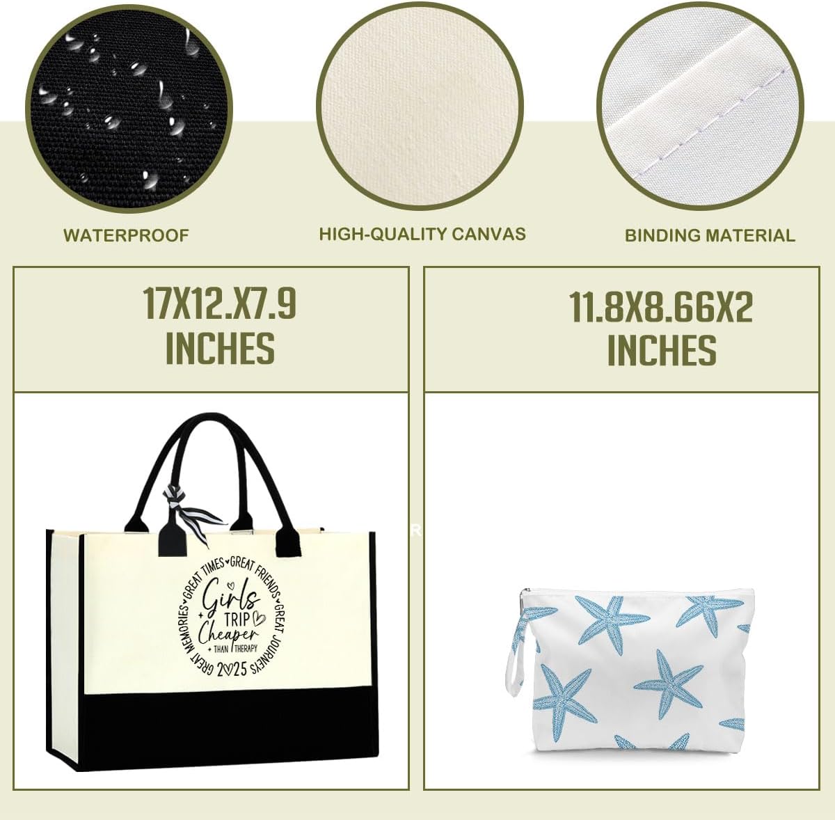 Fokongna Girls Trip 2025 For Women Friend Sister Travel Gifts Canvas Tote Bag Wet Bag for swimsuit Beach Bags Gifts