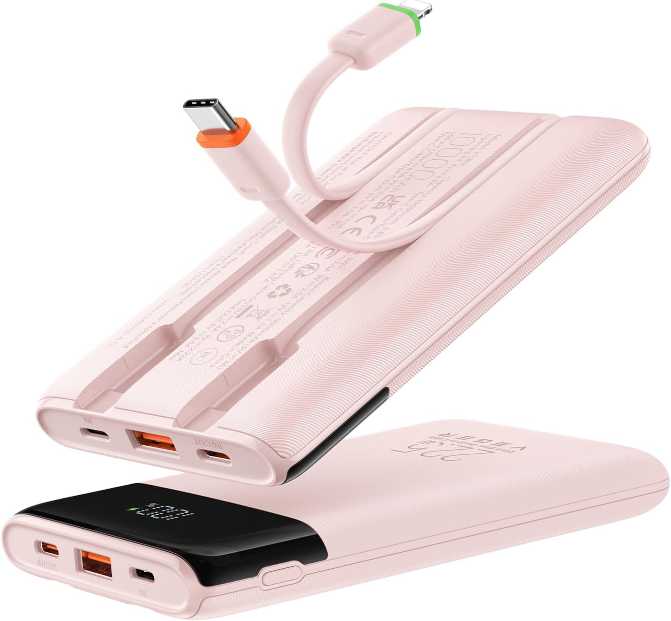VEGER Portable Charger with Built in Cables, Slim 10000mAh PD 22.5W Fast Charging USB C Power Bank, 4 Outputs 3 Inputs Battery Pack Compatible with iPhone 16e 15 14 13 Samsung iPad - Travel Essential