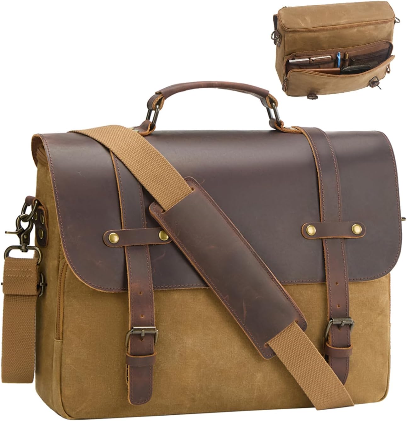Mens Messenger Bag Waxed Canvas Laptop Briefcase 16“ Vintage Genuine Leather Crossbody Bags Waterproof Satchel Shoulder Bag