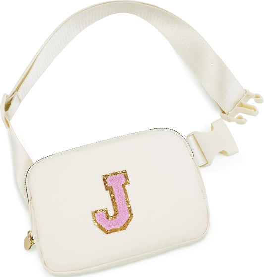 Personalized Belt Bag for Women Girls - Fashion Mini Waist Packs with Adjustable Strap - Trendy Travel Fanny Pack Crossbody Bags with Initial Letter - Teen Gifts | Cream,J