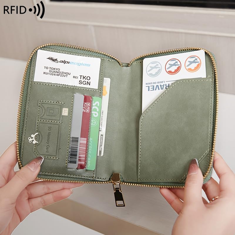 Genuine Leather Wallet Unisex Zipper Passport Holder RFID Blocking Waterproof - Vintage Travel Wallet (Green)