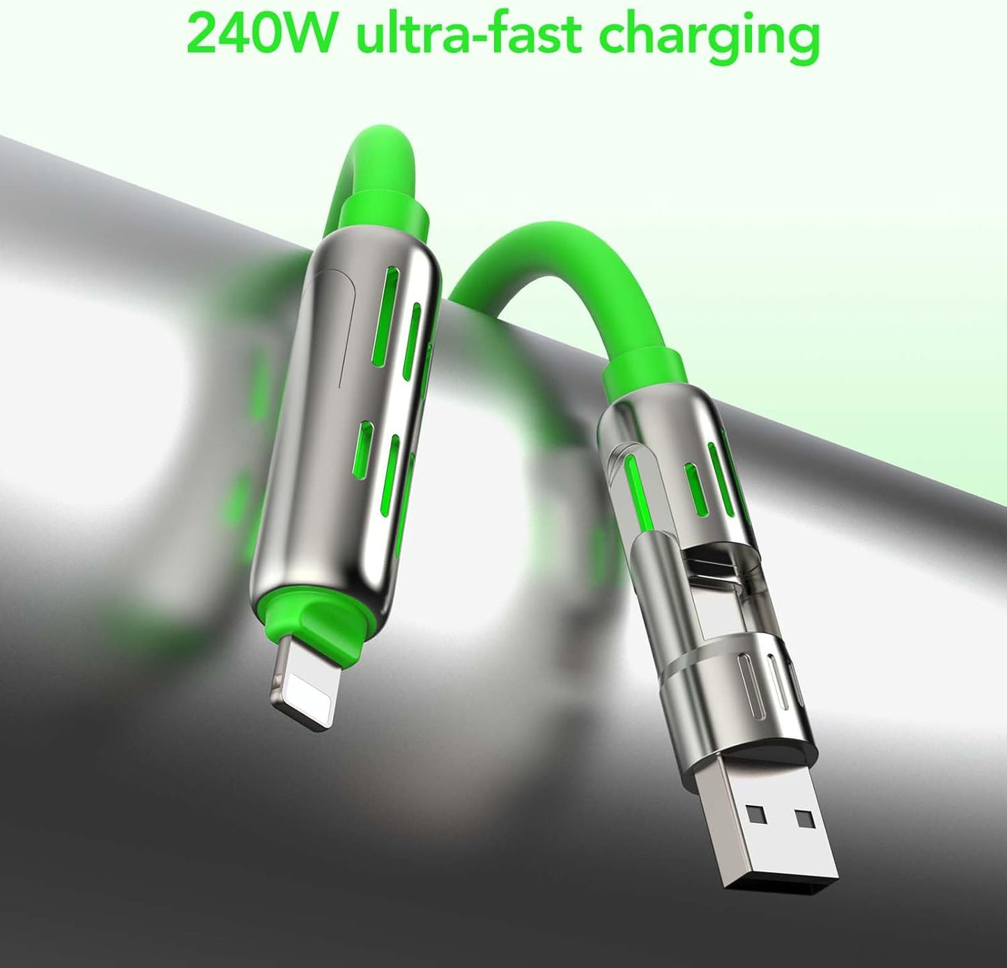 MFish 4-in-1 Universal USB Charging Cable with Carrying Case – 240W Max Fast Charger Cord, USB-A, Dual USB-C & Lighting, for iPhone 14/15/16/17 Series, iPad & MacBook and More (Green, 6.6Ft)