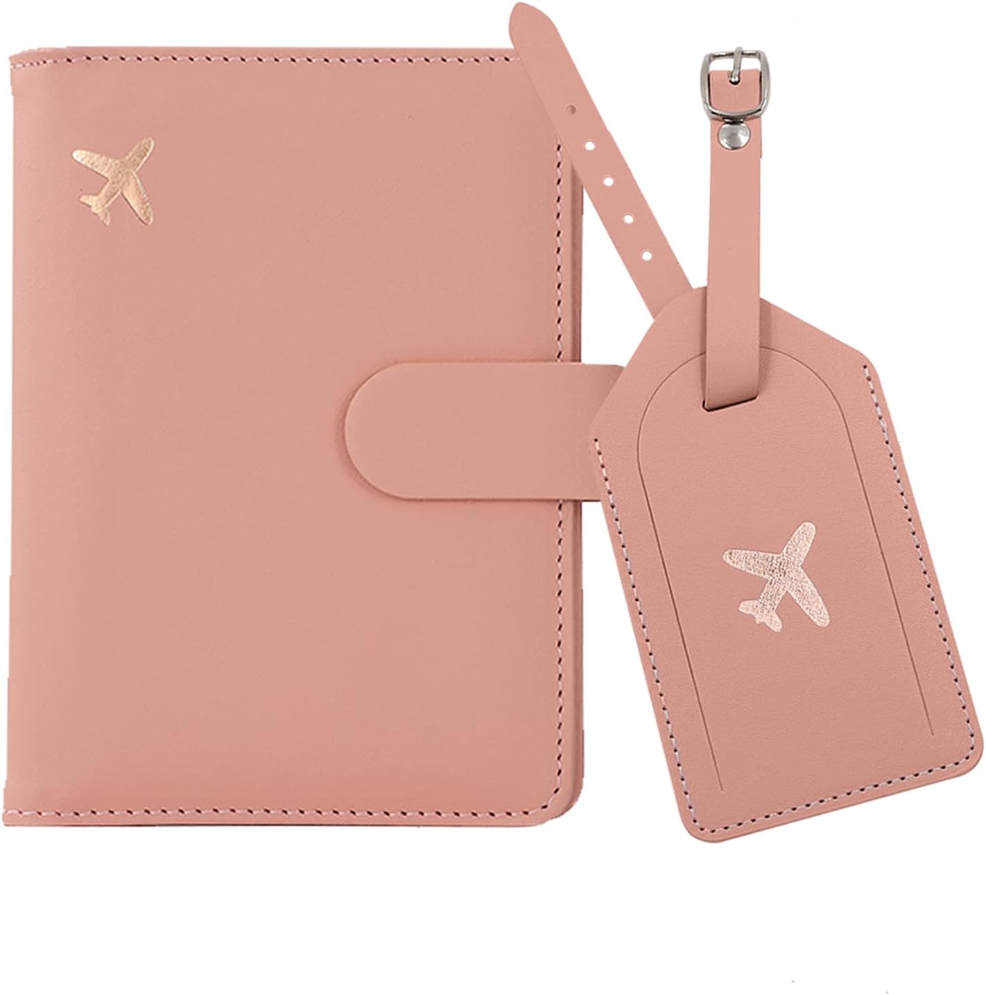 Real Leather Wallet RFID Passport Holder with Suitcase Tag Set Card Slots (Pink)