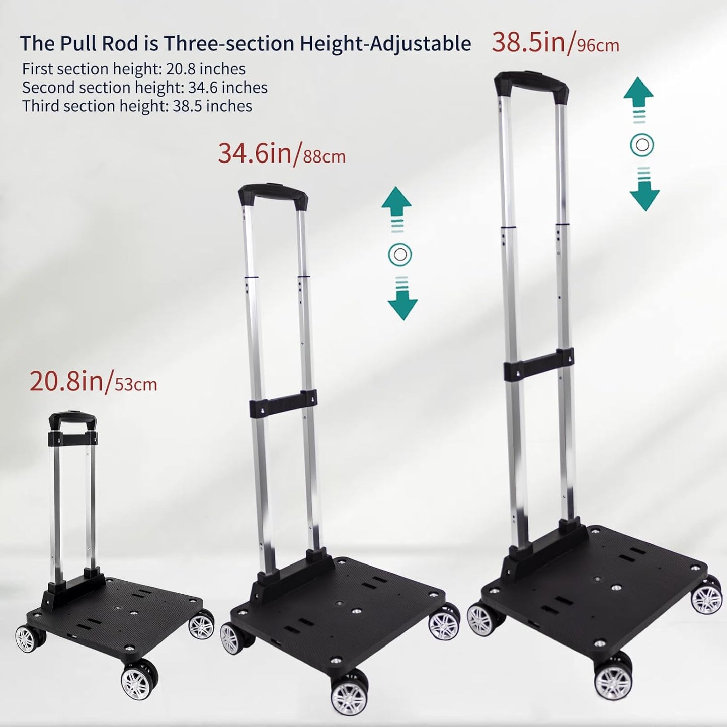 Foldable Black Aluminum Backpack Cart with 5 Swivel Wheels, Large Base, Ideal for Large Backpacks, Pet Carriers, Laptop Bags