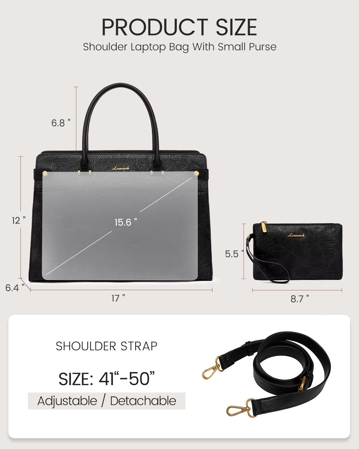LOVEVOOK Laptop Tote Bag For Women Work, Vintage Leather Computer Bags For Laptops For Women, Waterproof Laptop Bag Business Briefcase Office Large Shoulder Handbag Purse, 15.6 Inch, Black Embossed