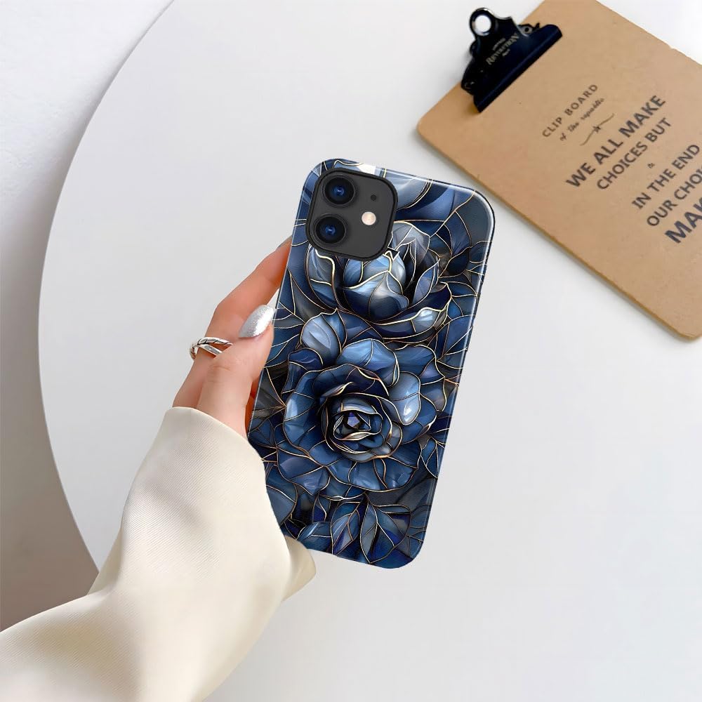 Case for iPhone 12 - Slim Fit Anti-Scratch Phone Case for Girl Women - Rose Floral Stained Glass (Glossy)