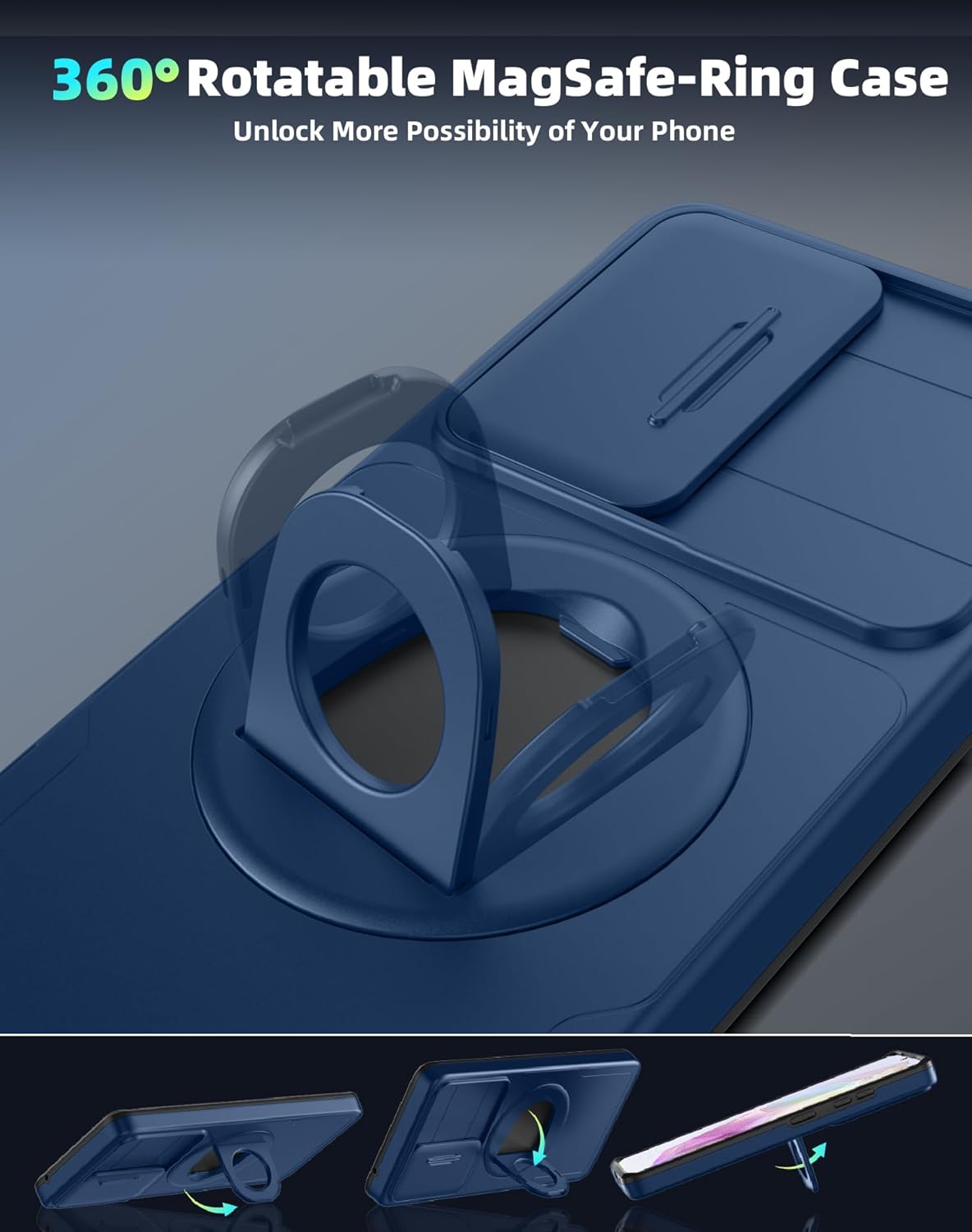 for Samsung Galaxy A35 Case with 2 Screen Protectors,Built-in Slide Camera Cover,with 360°Kickstand Ring for A35 Case Shockproof Anti-Scratch Military-Grade Drop Heavy Duty Protection Blue