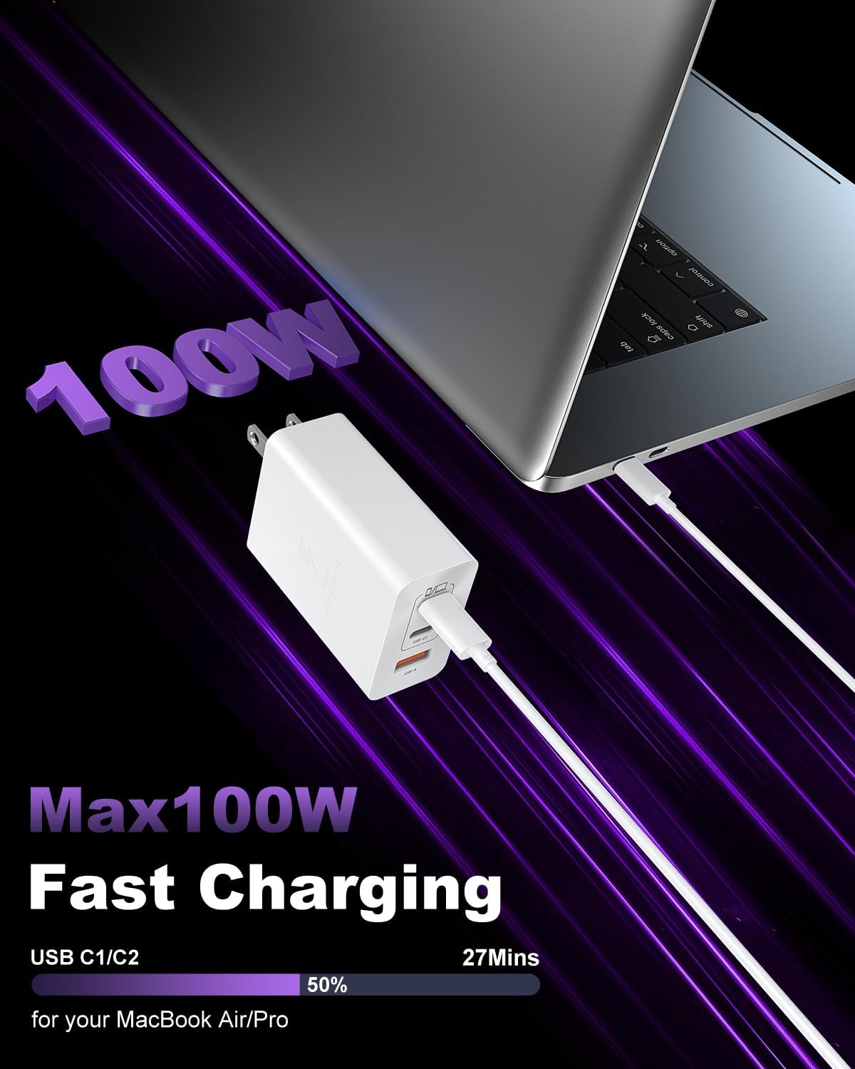 USB C Charger Block 100W, 3-Port GaN Super Fast Charger, Type C 65W Wall Charger Adapter with 10ft USB C Charging Cable for MacBook Pro/Air,iPad Pro, iPhone 17/16/15Pro, S25/S24/S23 and More[2 Pack]