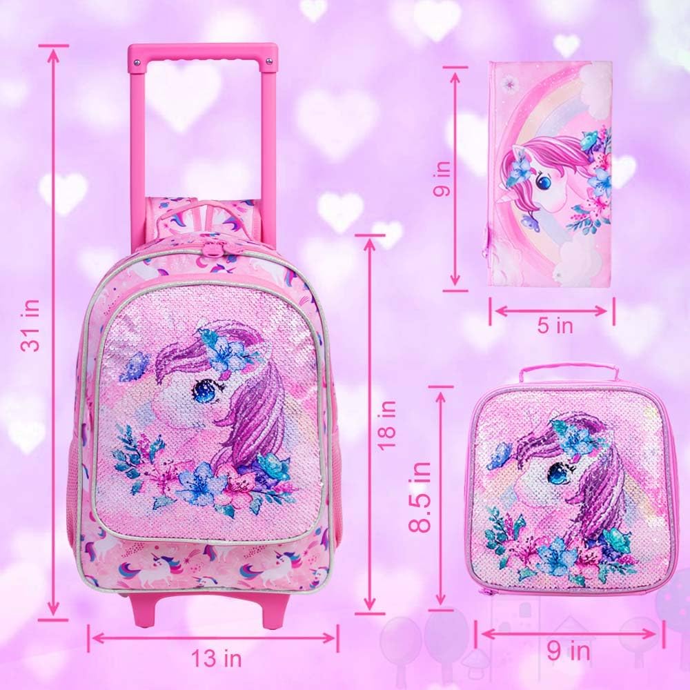 3PCS Rolling Backpack for Girls and Boys， Kids Unicorn Dinosaur Wheeled Bookbag
