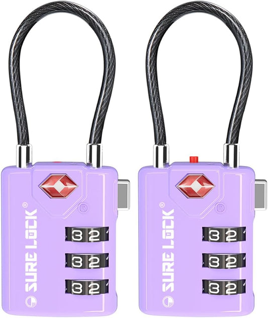 SURE LOCK TSA Compatible Travel Luggage Locks, Inspection Indicator, Easy Read Dials TSA Approved with Zinc Alloy (2, Purple 2 Pack)