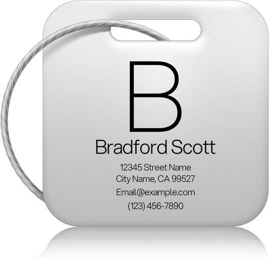 Initial Personalized Luggage Tags for Suitcases - Laser Engraved Stainless Steel Custom Name ID Tag for Backpack and Bag Kids, Women - Metal Baggage Tags Travel Essentials Accessories(Square-Silver)