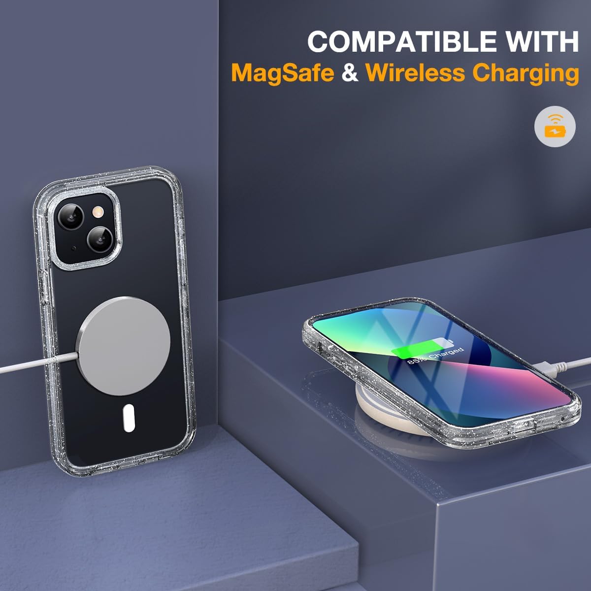 Miracase for iPhone 13 Case 6.1'', [Bubble Free] Full-Body Bumper Phone case with Built-in Full Glass Screen,No Gap,Compatible with MagSafe,Drop Proof 13 Cover,Clear Glitter