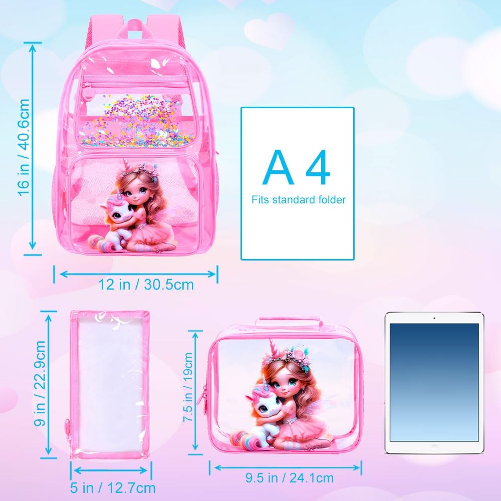 Clear Backpack for Girls and Boys, Kids Transparent Bookbag, 3PCS Cute See Through School Bag for Elementary Prechool