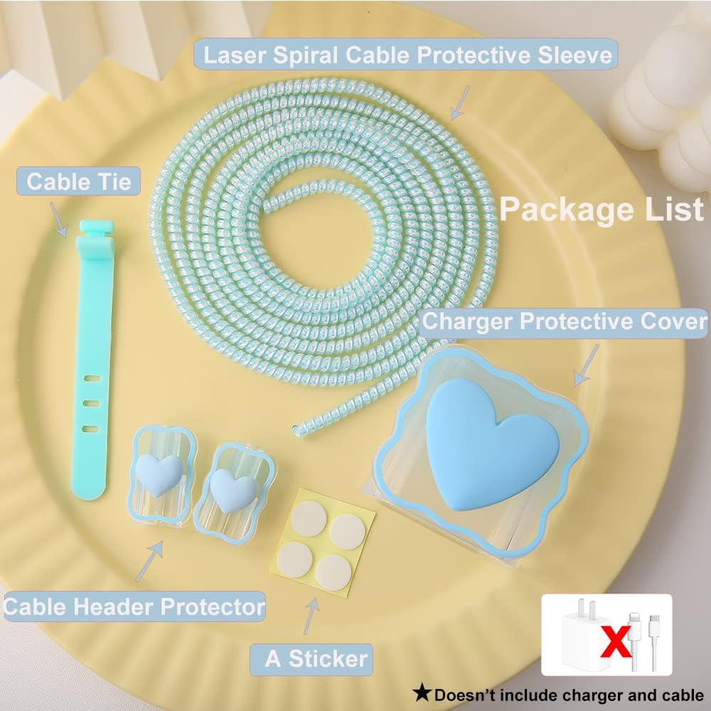 Compatible with iPhone 18W/20W USB-C Charger Cover Lovely 3D Love Heart Waves Clear Soft Charger Protector Cute Cable Saver for iPhone 11 12 13 14 Pro Max Fast Power Adapter, Blue 1 (5in1)