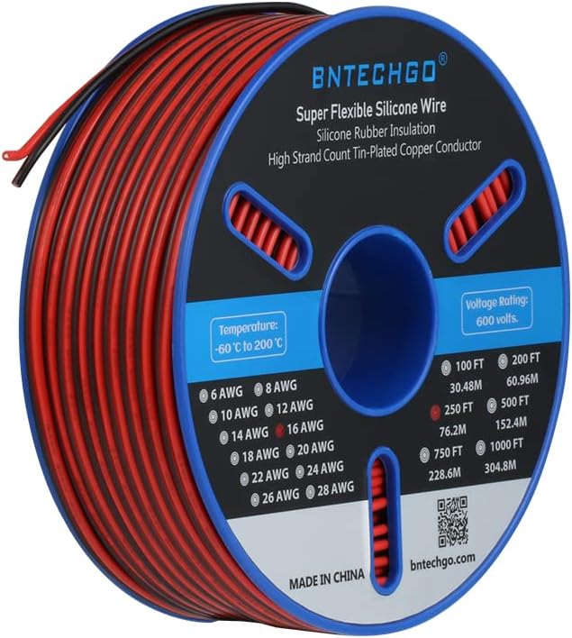 BNTECHGO 16 Gauge Flexible 2 Conductor Parallel Silicone Wire Spool Red Black High Resistant 200 deg C 600V for Single Color LED Strip Extension Cable Cord,Model,250ft Stranded Tinned Copper Wire