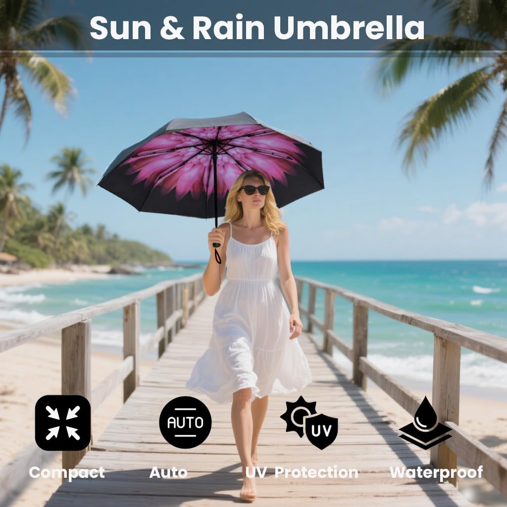 SIEPASA Compact Travel Umbrella - Windproof Auto Open/Close, Lightweight Folding Umbrella wIth Fiberglass Frame & Waterproof Canopy. Fits Backpack/Purse. (Pink Daisies)