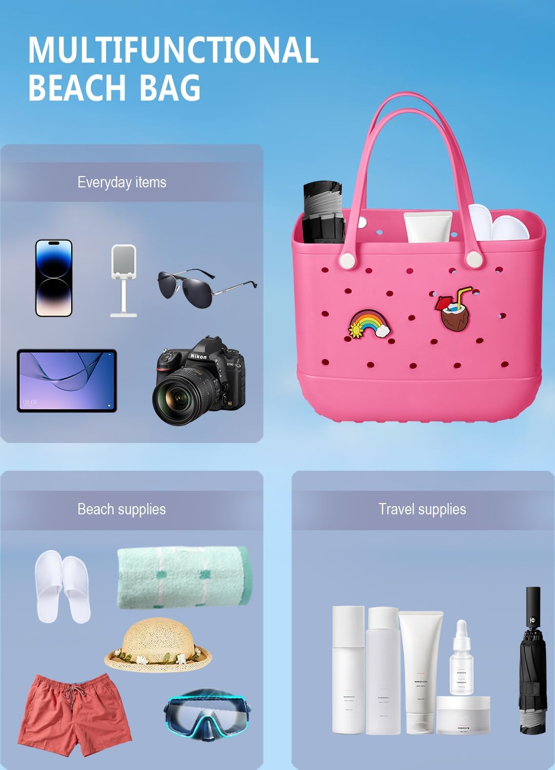 Beach Bag Rubber Tote Bag - Waterproof Travel Bag for Women Washable Tote Bag Handbag for Sports Beach Market Pool