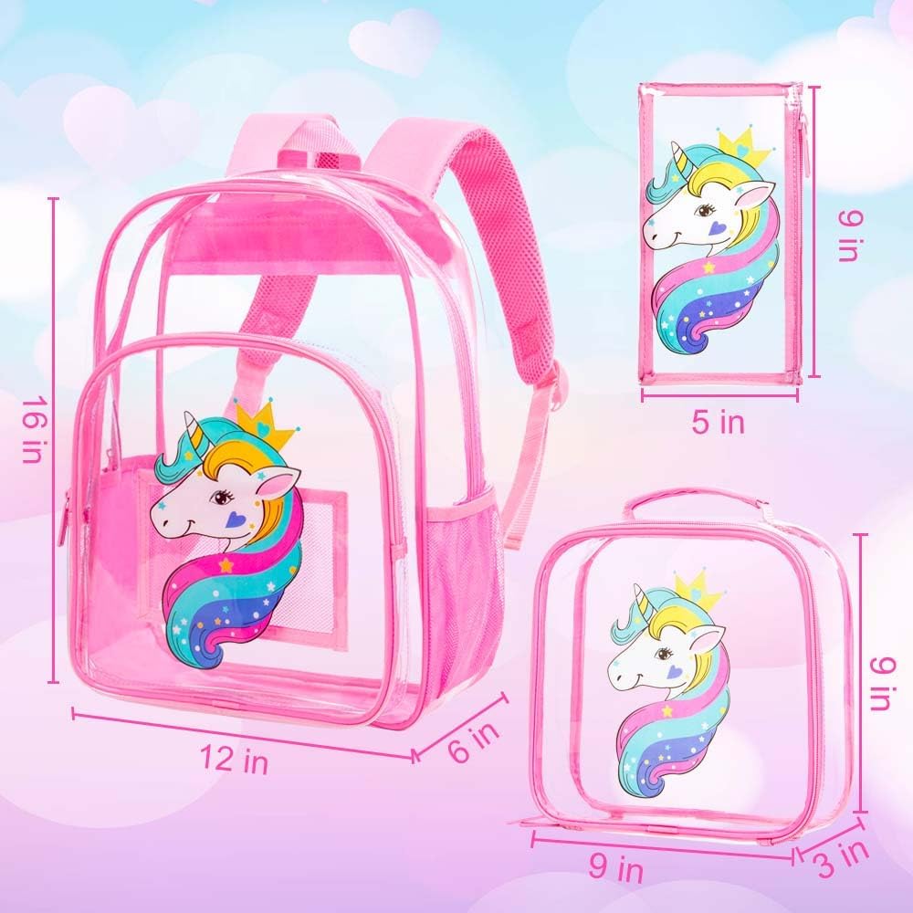 Clear Backpack for Girls and Boys, Kids Transparent Bookbag, 3PCS Cute See Through School Bag for Elementary Prechool