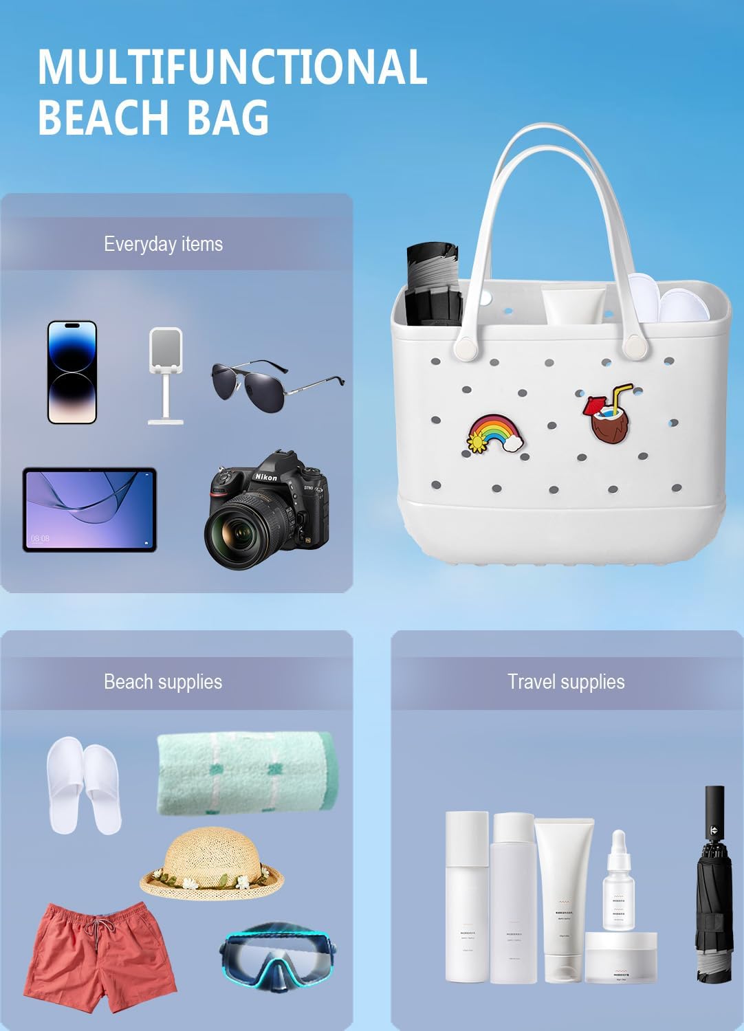 Beach Bag Rubber Tote Bag - Waterproof Travel Bag for Women Washable Tote Bag Handbag for Sports Beach Market Pool