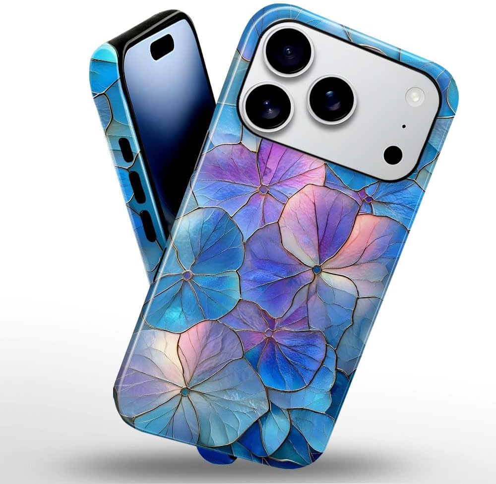 Case for iPhone 17 Pro - Slim Fit Anti-Scratch Phone Case for Girl Women - Blue Hydrangea Floral Stained Glass Aesthetic (Glossy)