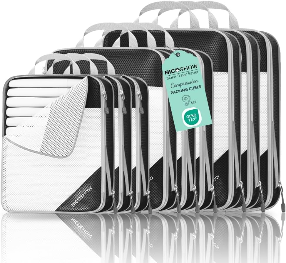 9 Set Compression Packing Cubes for Travel - Compressible, Lightweight, and Space-Saving Packing Cubes, Travel Essentials for Women, Black