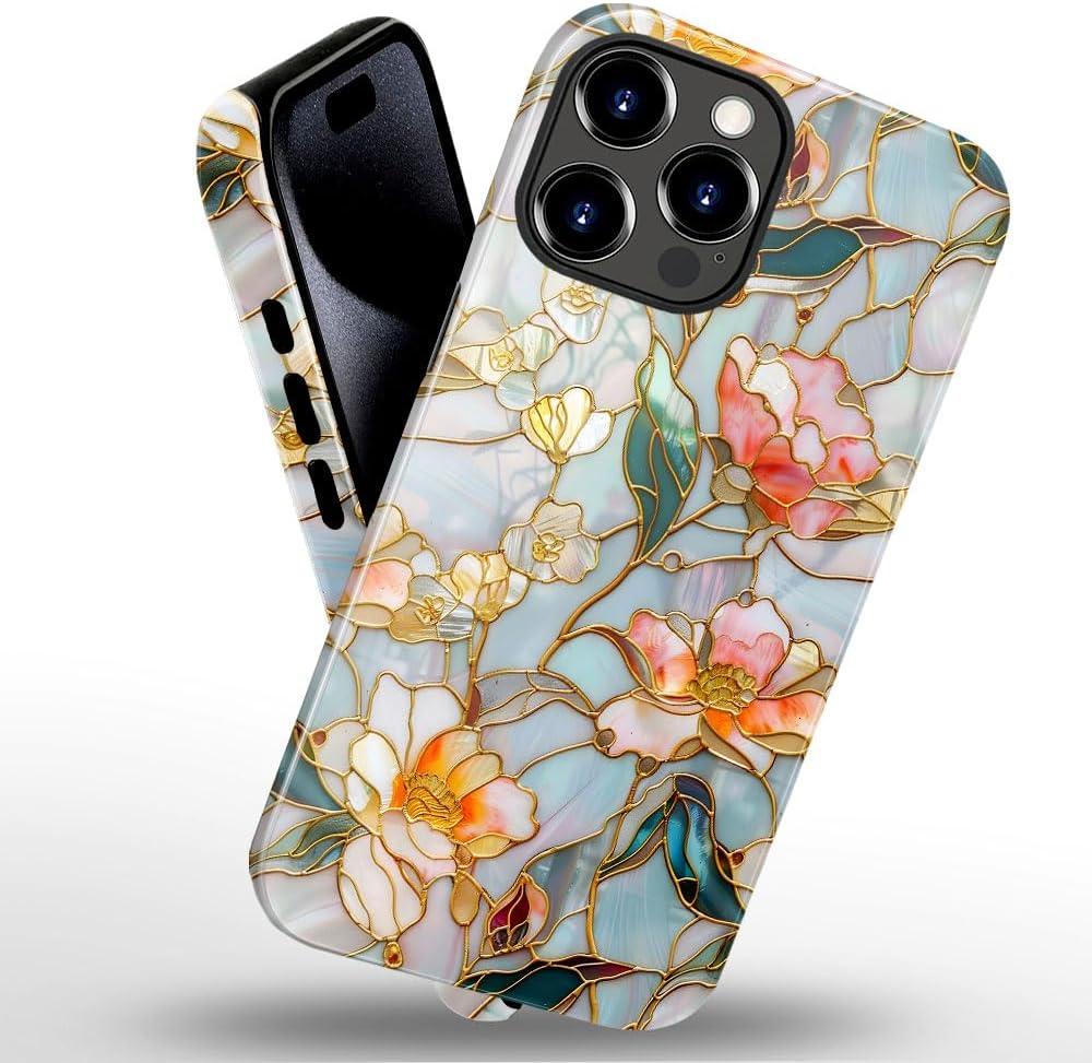 Case for iPhone 15 Pro Max - Slim Fit Anti-Scratch Phone Case for Girl Women - Stained Glass Aesthetic Flowers (Glossy)