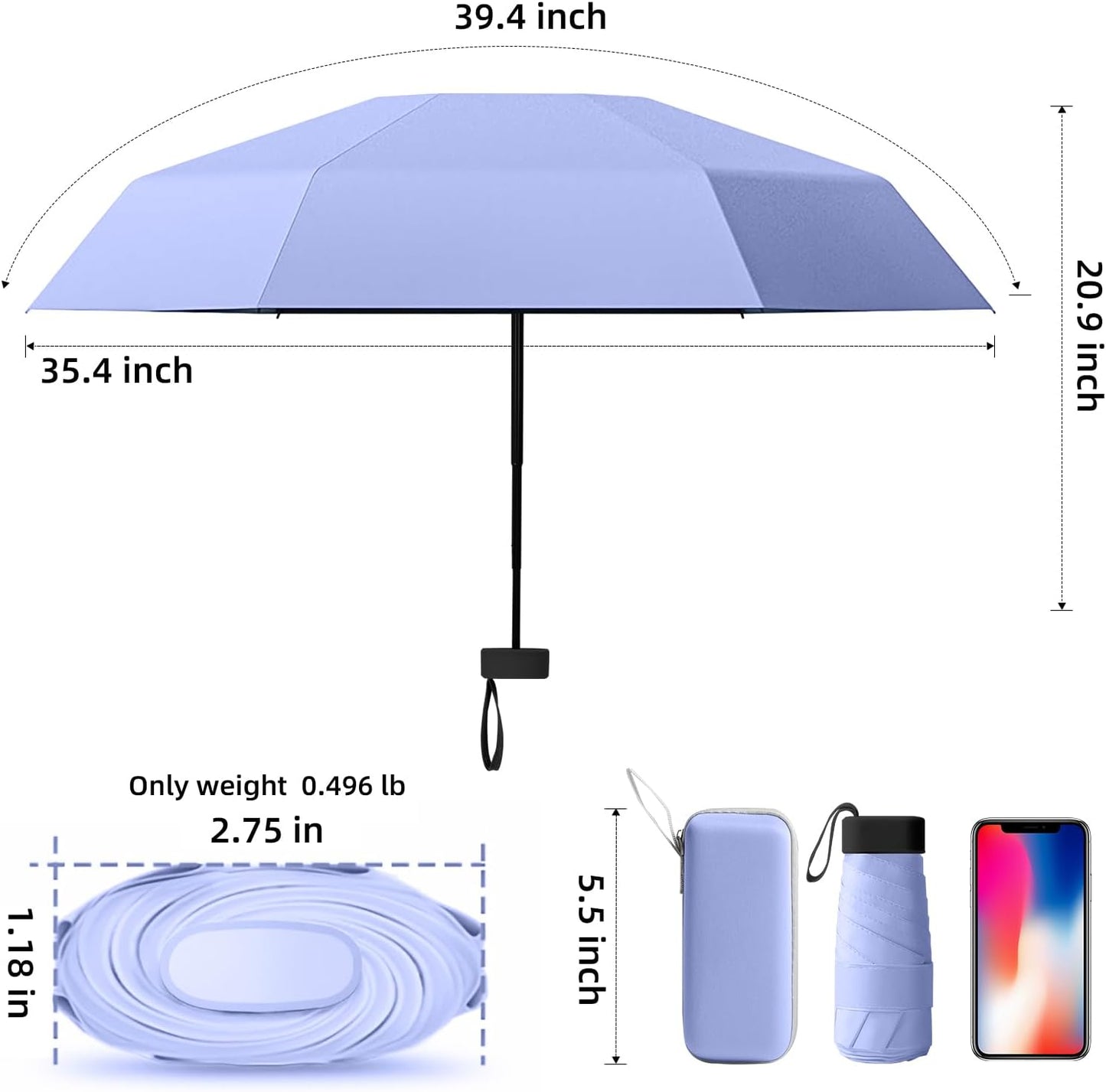 Travel Mini Folding Compact Umbrella with Case, 8 Ribs Lightweight Portable, Small Sun & Rain Pocket Umbrella for Girls and Women