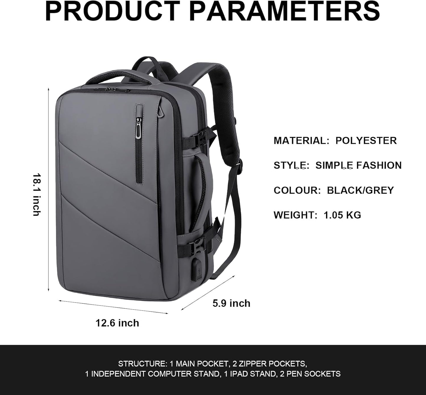 Travel Laptop Backpack 36-55L Expandable 15.6inch Laptop Backpack Usb Charging Port Lightweight (Grey)