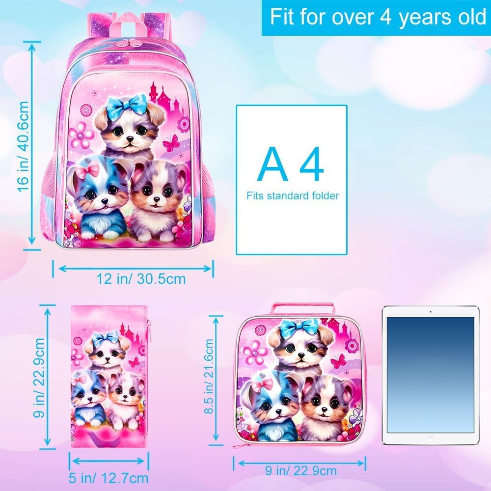 gxtvo 3PCS Girls Dog Bookbag, 16" Kids Backpackwith Lunch Box, Water Resistant School Bag for