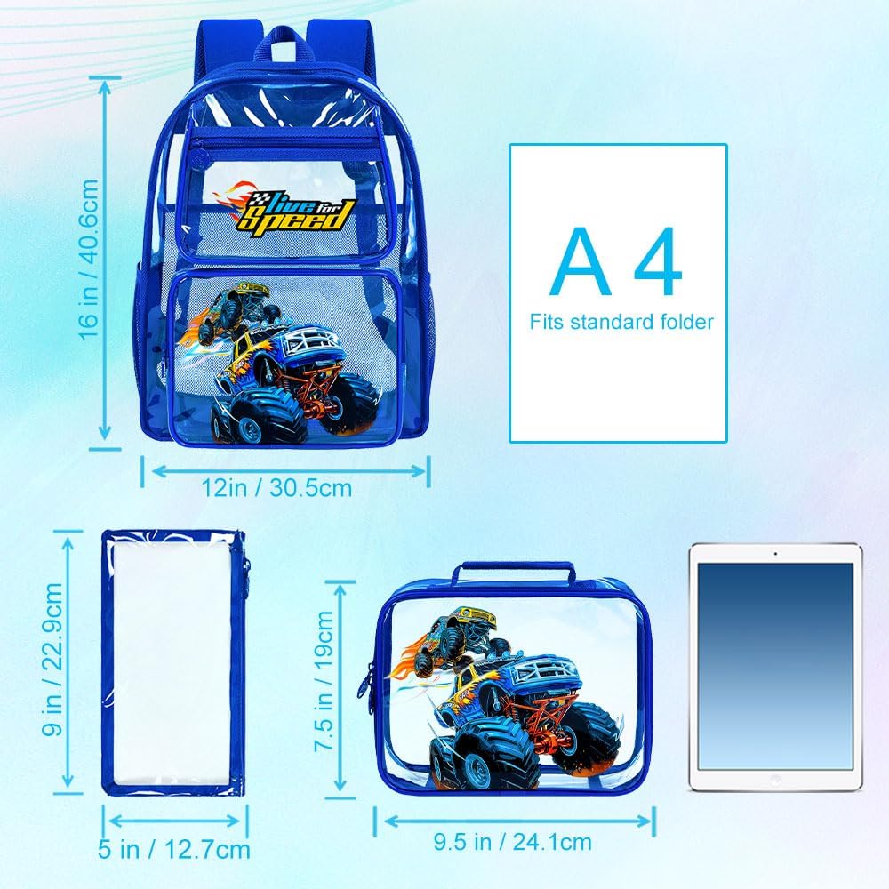 UFNDC 3PCS Clear Backpack for Girls and Boys, Unicorn Cat Transparent Bookbag, See Through School Bag for Kids Elementary