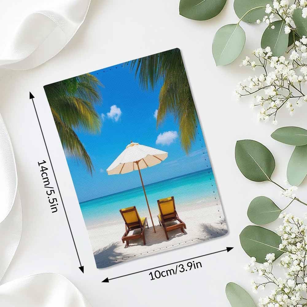 Summer Beach Passport Holder for Travel Turquoise Sea Deckchairs White Sand Palms Sun PU Leather Passport Cover Wallet Cute Passport Card Holder for Women and Men