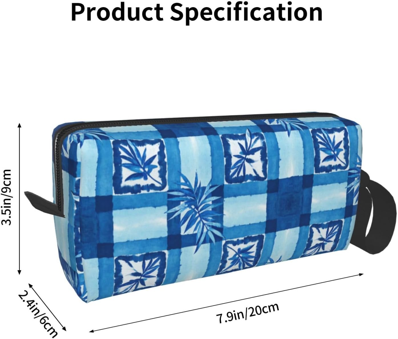 Blue Geometric Bamboo Leaf Makeup Bag Small Compact Durable Travel Cosmetic Bag Organizer Oxford Fabric Multi-Purpose Storage Perfect for Travel, Gym, Daily Use