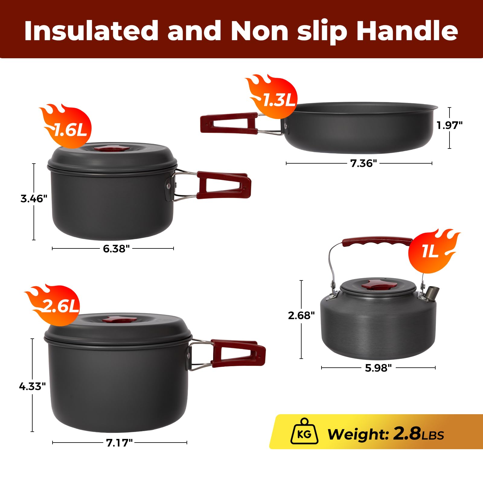 Bulin Camping Cookware, Portable Pots Kettle and Pans Set, 13 PCS for 3-4