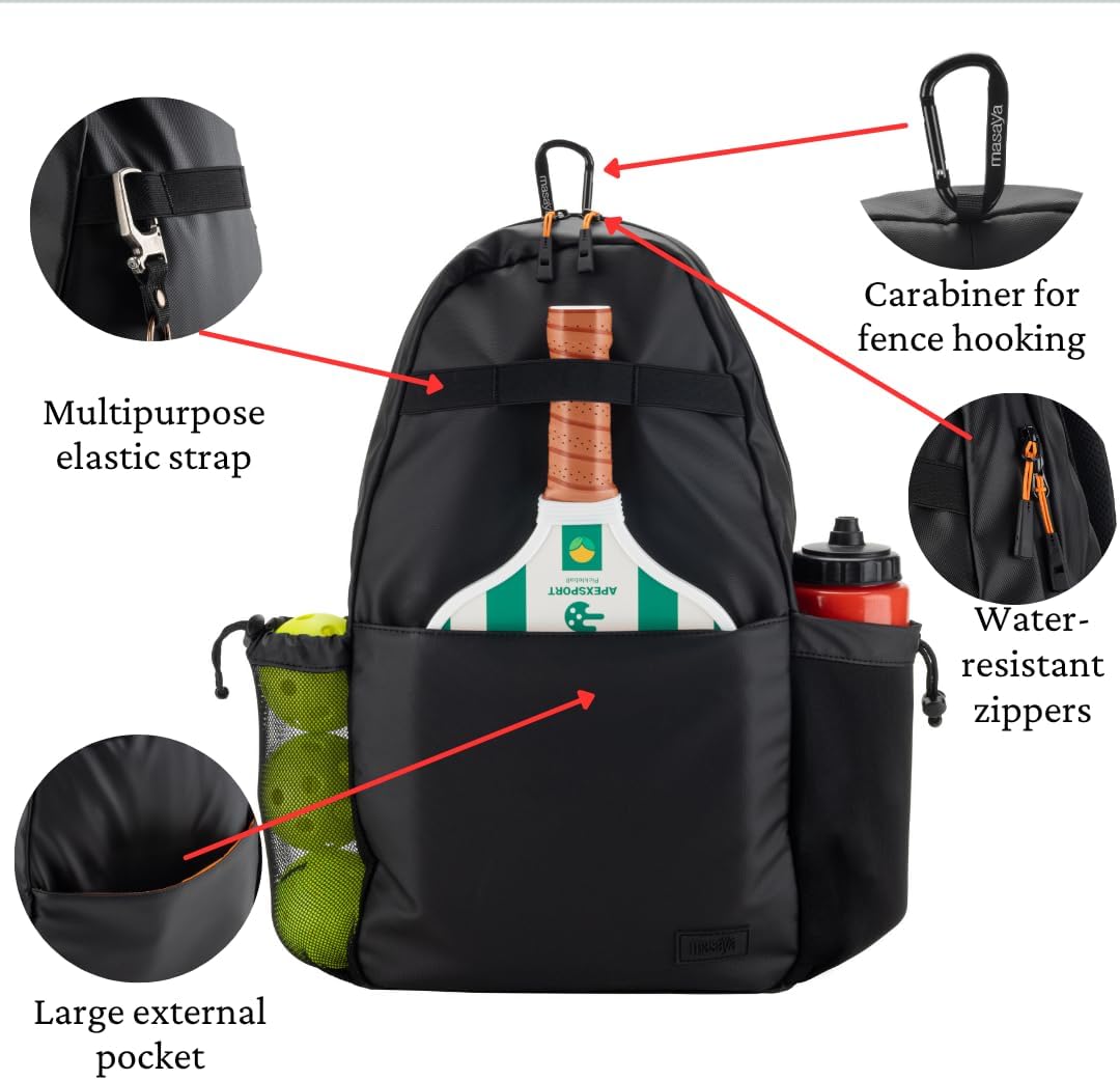 Pickleball Bag, Water-Resistant Sling Bag, Fits 3 Paddles - Minimal Branding, Lightweight, Durable, Fence Hook Carabiner, Water Bottle Holder, Multiple Pockets, Adjustable Shoulder Strap (Black,18L)