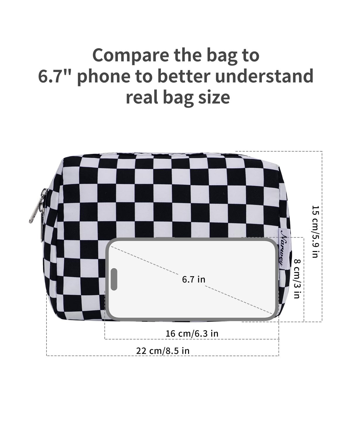 Narwey Checkered Makeup Bag Travel Cosmetic Bag Organizer Toiletry Bag Make Up Bags with Compartments for Women Girls (Large, Black Checkerboard)